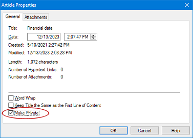 Article Properties with Make Private checked
