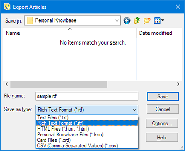 Export Articles dialog box