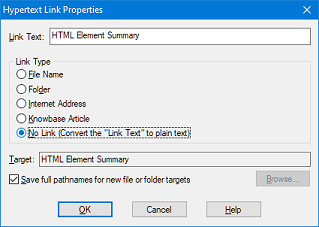 Hypertext Link Properties with No Link selected