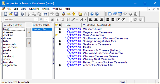 Index Window with 1 keyword selected in Related Mode