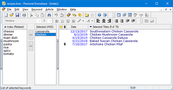 Index Window with 2 keywords selected in Related Mode